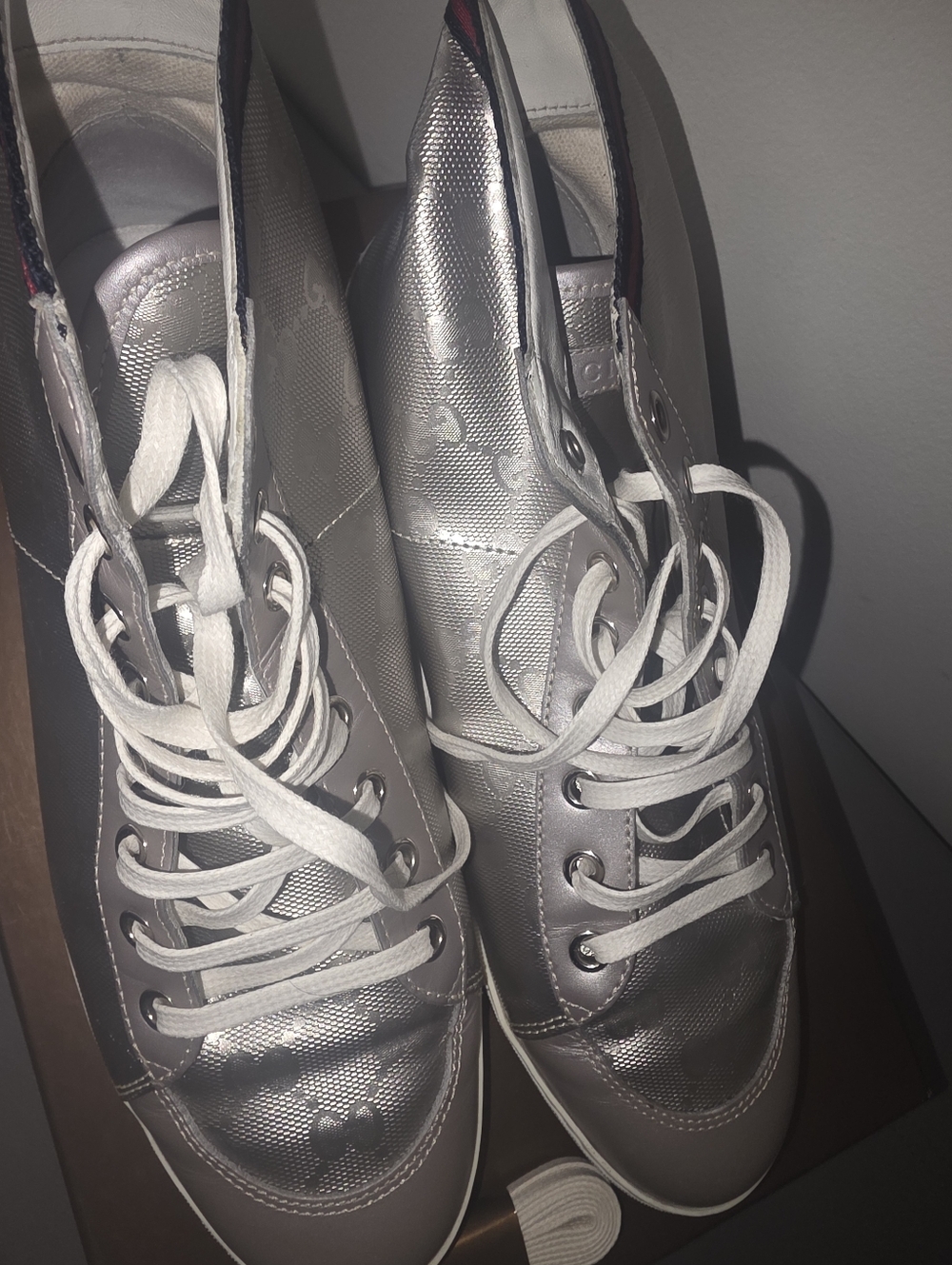 Gucci Silver High-Top Sneakers with Signature Monogram and Web Stripe - Picture 2 of 11